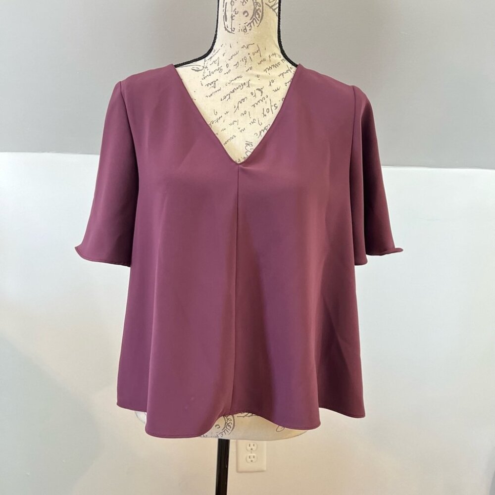 Amanda Uprichard Maroon V-Neck Flowy Short Sleeve Top